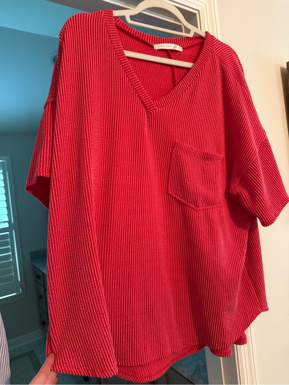 Altar'd State Bright Red V-Neck Short Sleeve Pocket Tee